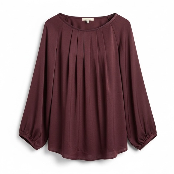 4/$20 LOFT Pleated Blouson Blouse Burgundy Plum Tie-Back Long Sleeve Top Small - Picture 2 of 6